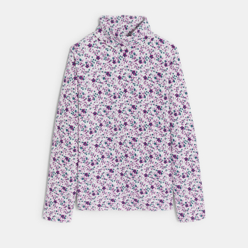 تيشيرت برقبة عالية بطبعة الزهور باللون الأرجواني للفتيات